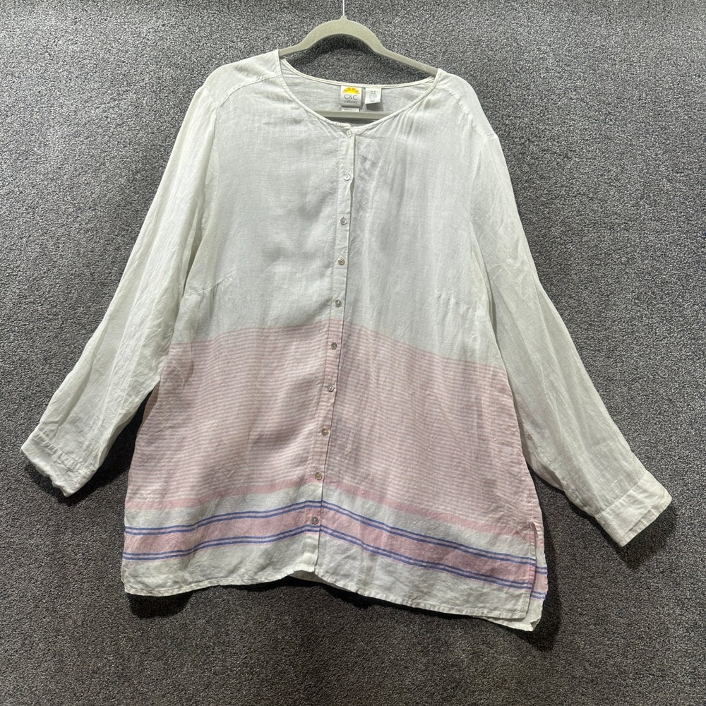 C&C California Tunic Blouse Top Women 2X White 100% Linen Striped Hem Button Up